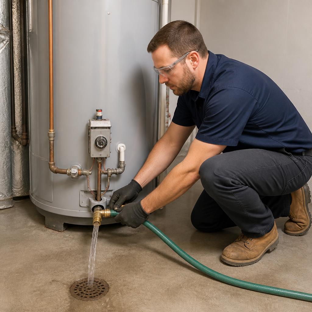 Technician flushing a water heater during maintenance