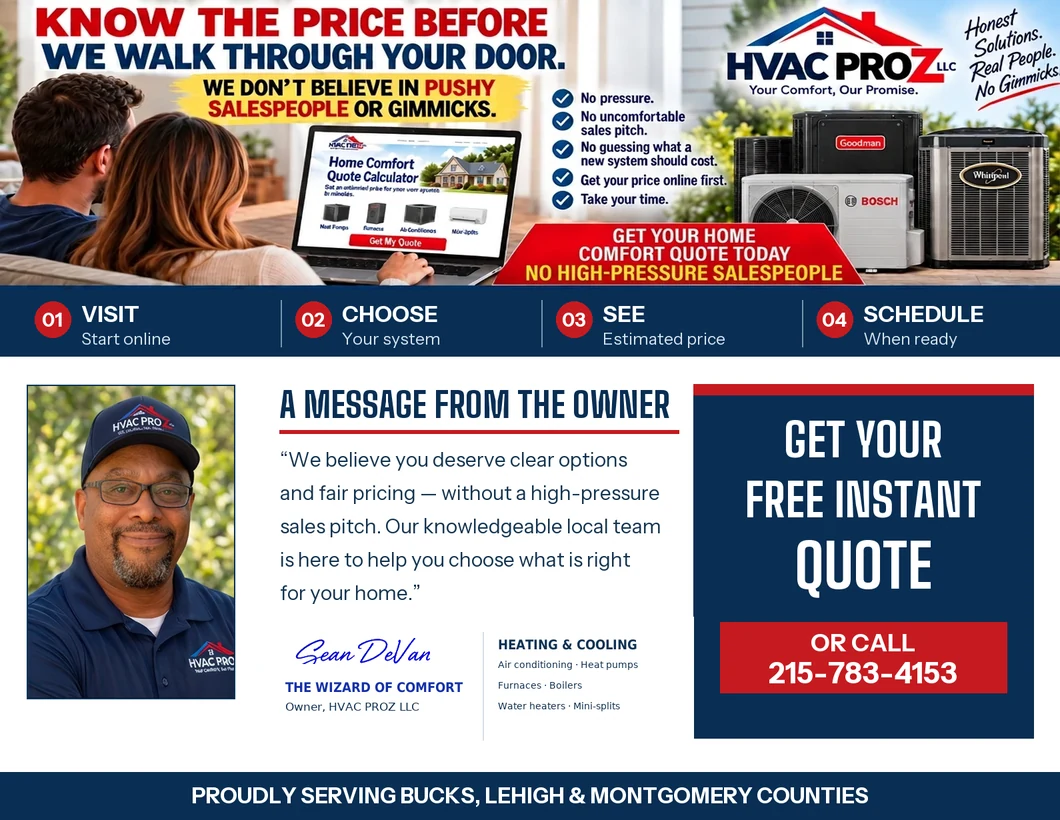 HVAC PROZ LLC flyer with a message from Sean, heating and cooling services, and a free instant quote invitation by phone