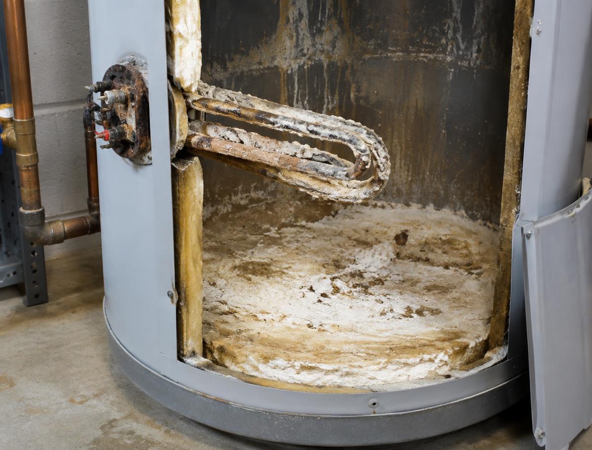 Mineral scale coating the heating element and bottom of a residential water heater tank