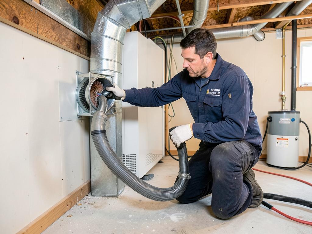 Technician cleaning a residential HVAC duct with a rotating brush and negative-air vacuum