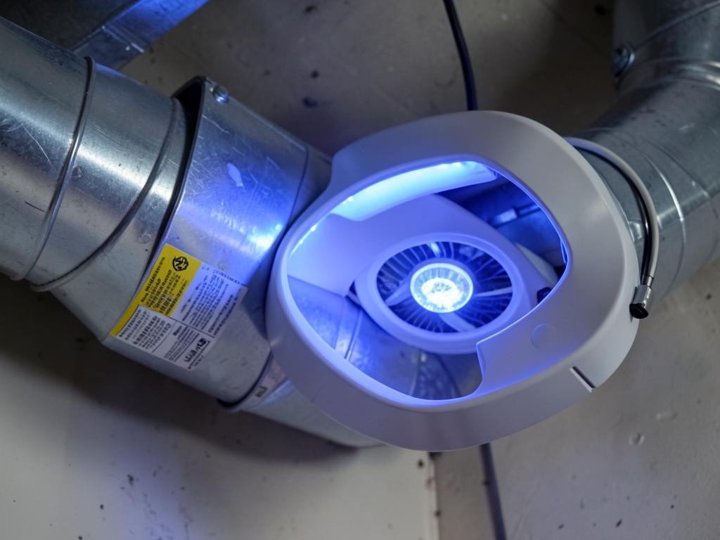 UV-C air purifier light installed inside a residential HVAC duct