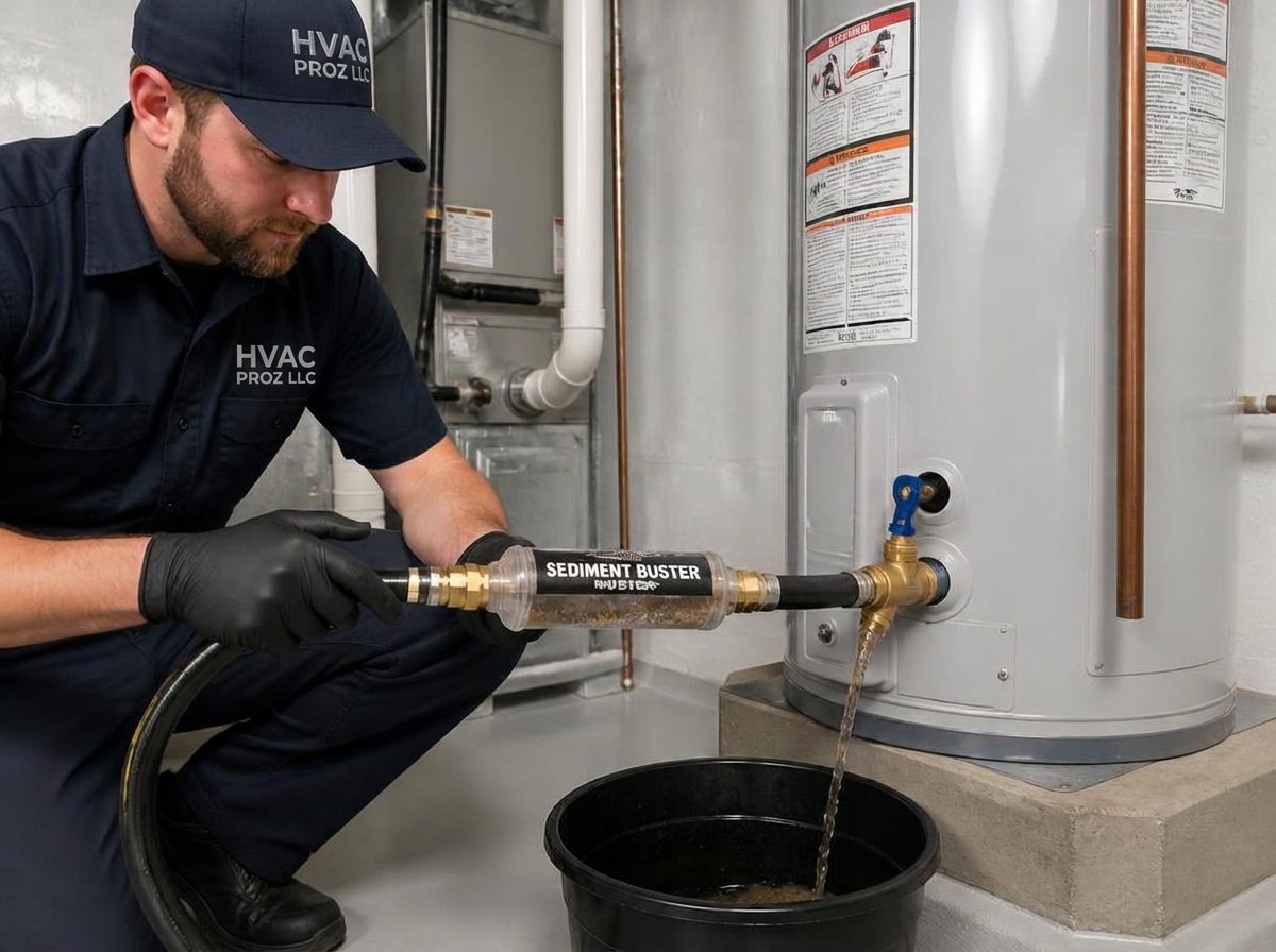 HVAC PROZ technician using the Sediment Buster flush tool on a water heater